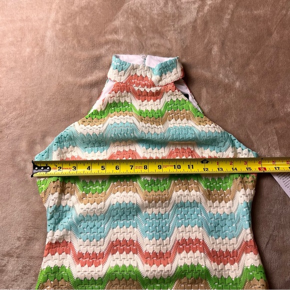 DONNA MORGAN Colourful Crochet Knit Mock Neck Fitted Midi Dress - Size 0 - Picture 16 of 16